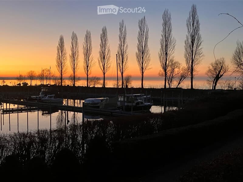 A serene waterfront scene at sunset with moored boats, bare trees, and calm water reflecting the sky.