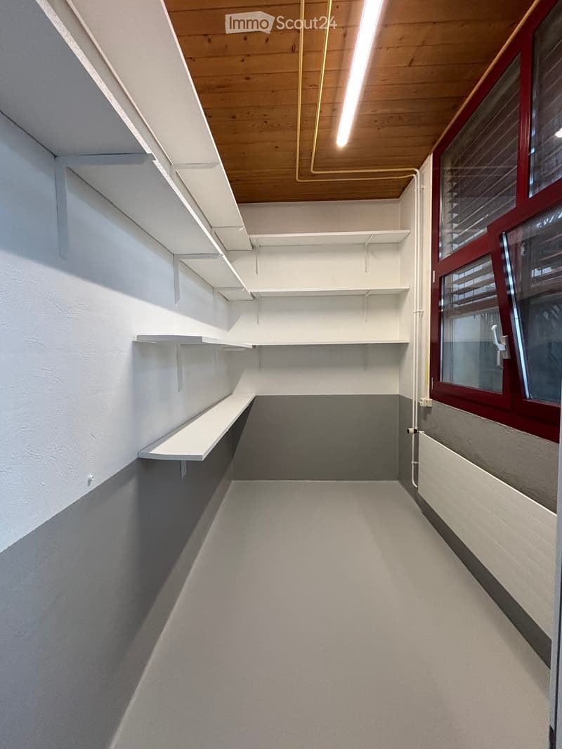 Empty hallway with white walls, built-in shelves, and a red-framed window at the end.