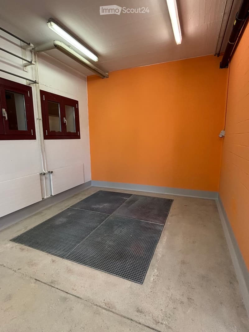 Empty hallway with orange and white walls, concrete floor, and a metal grated mat in the center. Features a door with glass panels and fluorescent lighting.