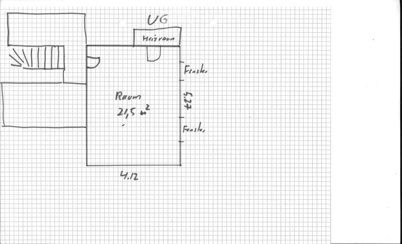 Floor plan showing a room labeled "Raum 215 z" with dimensions 4.12 meters by 2.15 meters, connected to a hallway and other rooms.