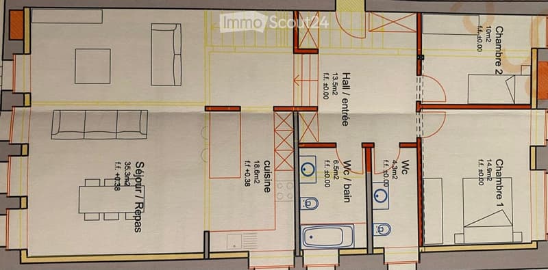 Floor plan of a house with a living room, kitchen, two bedrooms, two bathrooms, and a hallway.