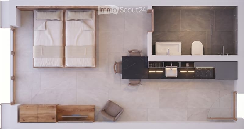 Layout of a compact studio apartment featuring a bed, kitchenette, and bathroom area. Includes built-in storage, a sink, and a small seating area.