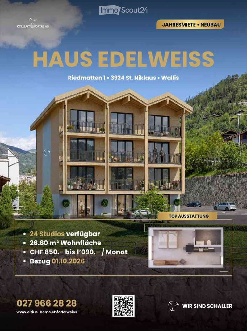 Modern multi-story building with balconies, large windows, and a contemporary design, surrounded by greenery and mountains.