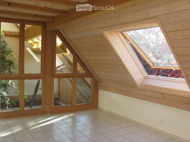 Bright, empty attic space with wooden walls and ceiling, large skylight window, and glass doors leading to another room.