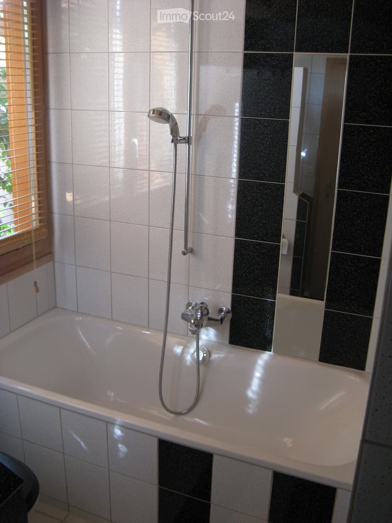 Modern bathroom with a white bathtub, chrome faucet, showerhead, and a large mirror with black tiled accents.