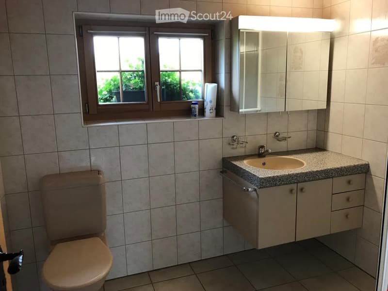 Bathroom with tiled walls and floor, a toilet, a sink with a granite countertop, a mirrored cabinet, and a window with a view of greenery.