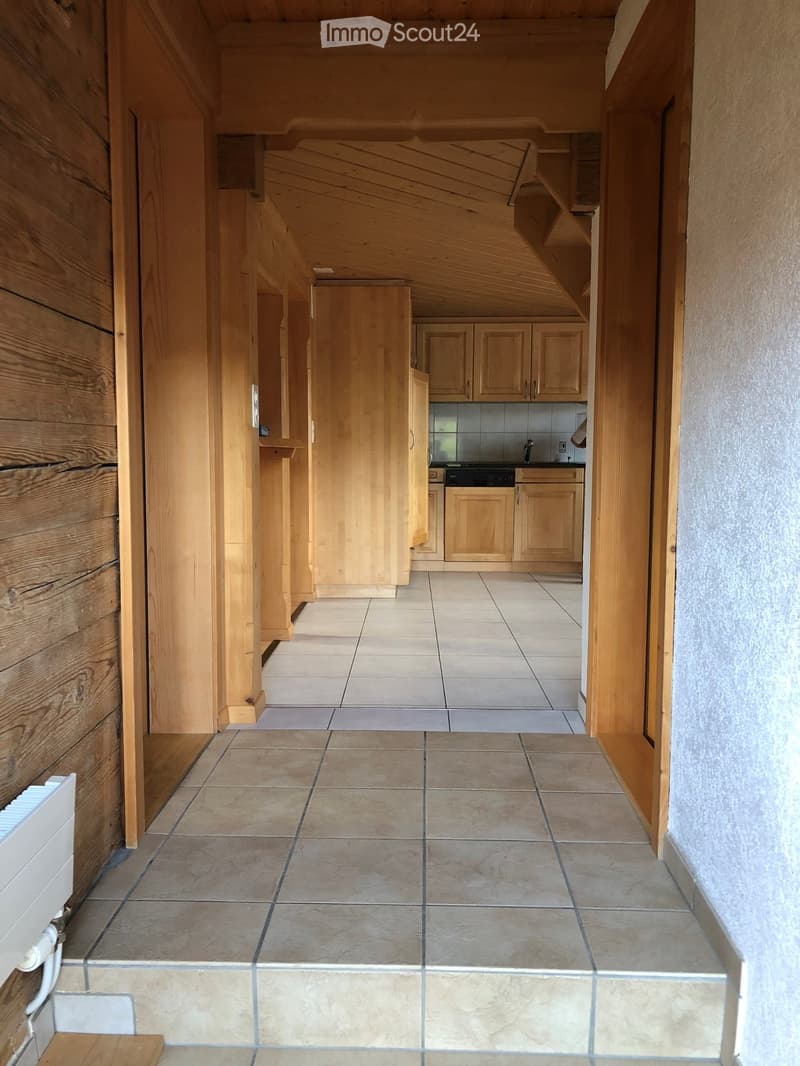 A narrow hallway with wooden walls and tiled flooring, leading to a kitchen area with wooden cabinets and a dishwasher.