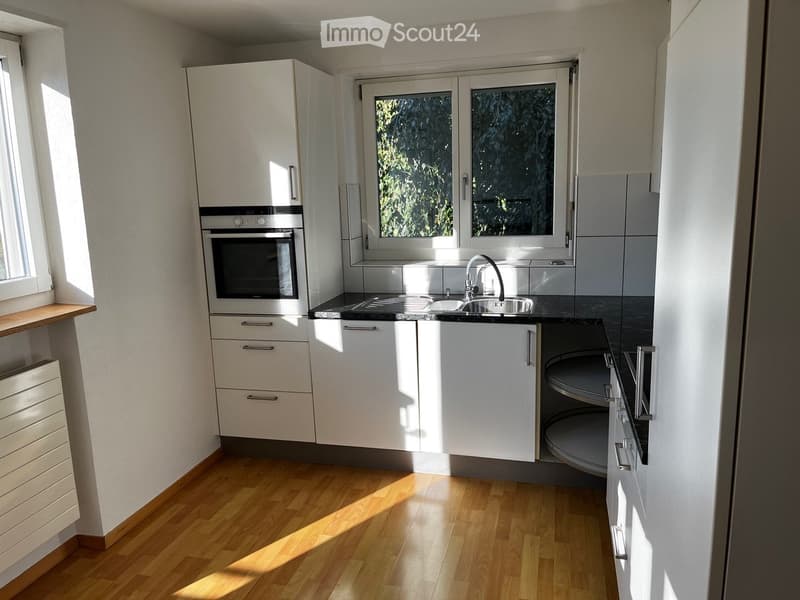Modern kitchen with white cabinets, wooden flooring, stainless steel sink, and built-in oven.