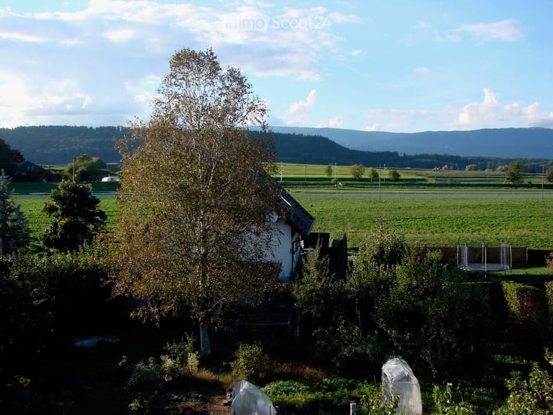 A rural garden with a small white shed, surrounded by trees and fields, with a distant view of hills and a clear sky.