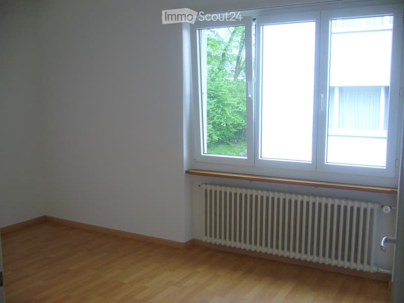 Empty room with wooden flooring, white walls, large windows, radiator, and wooden shelf below the windows.