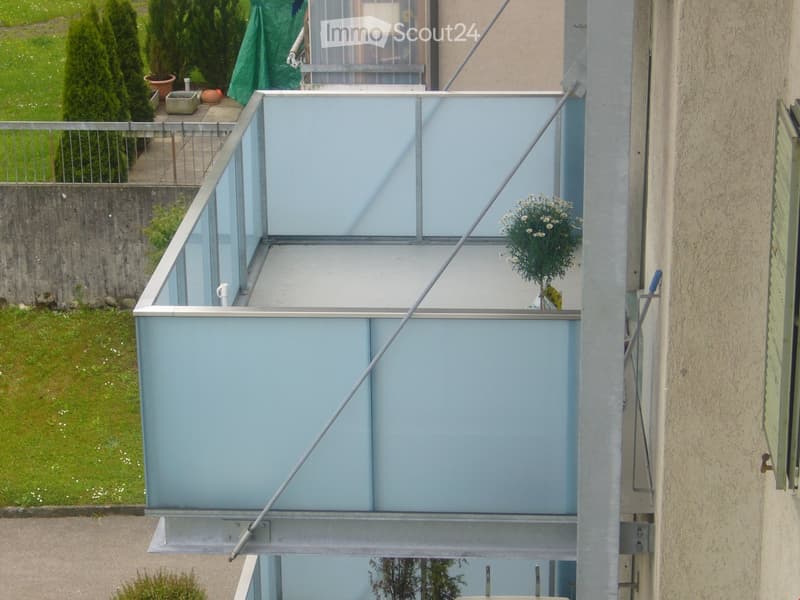 Modern balcony with glass railing, small potted plant, and a view of the garden area.