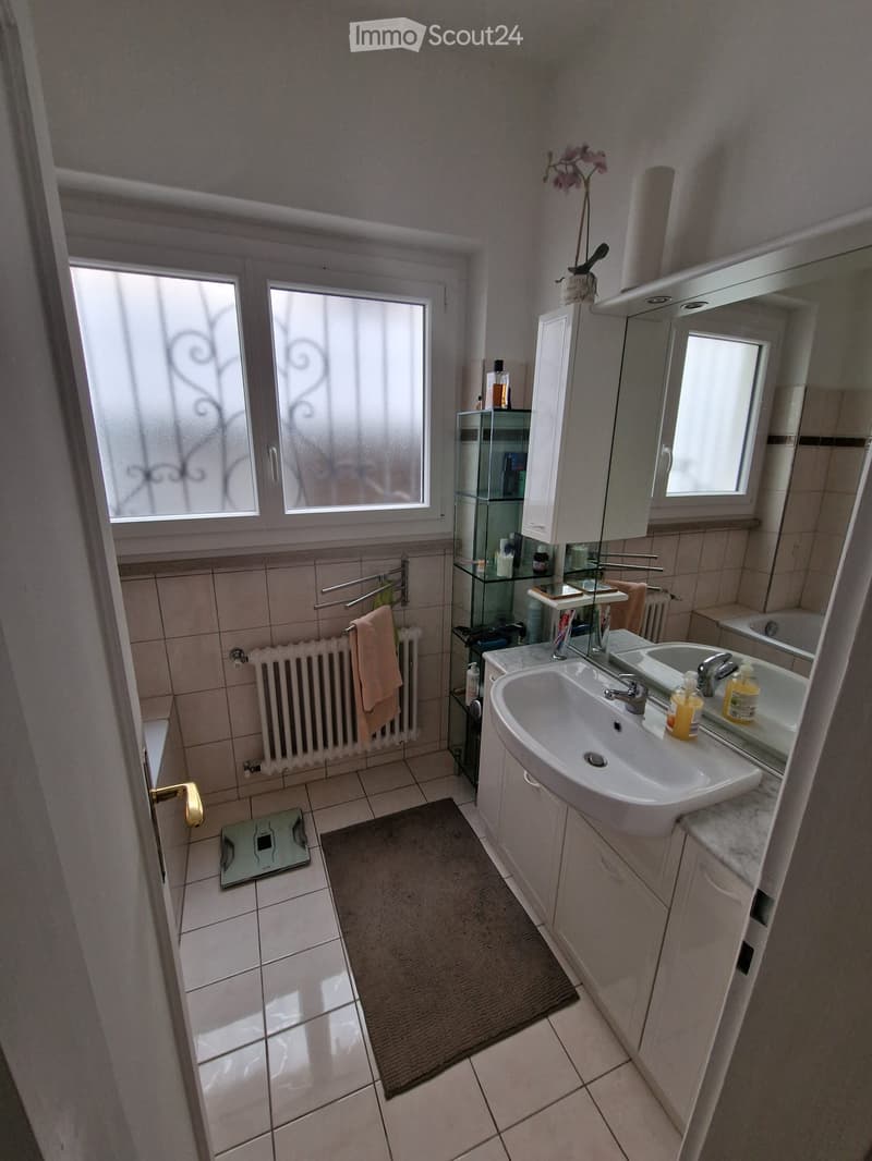 Bathroom with a sink, mirror, cabinet, towel, radiator, bathroom scale, and a small flower vase on the cabinet.