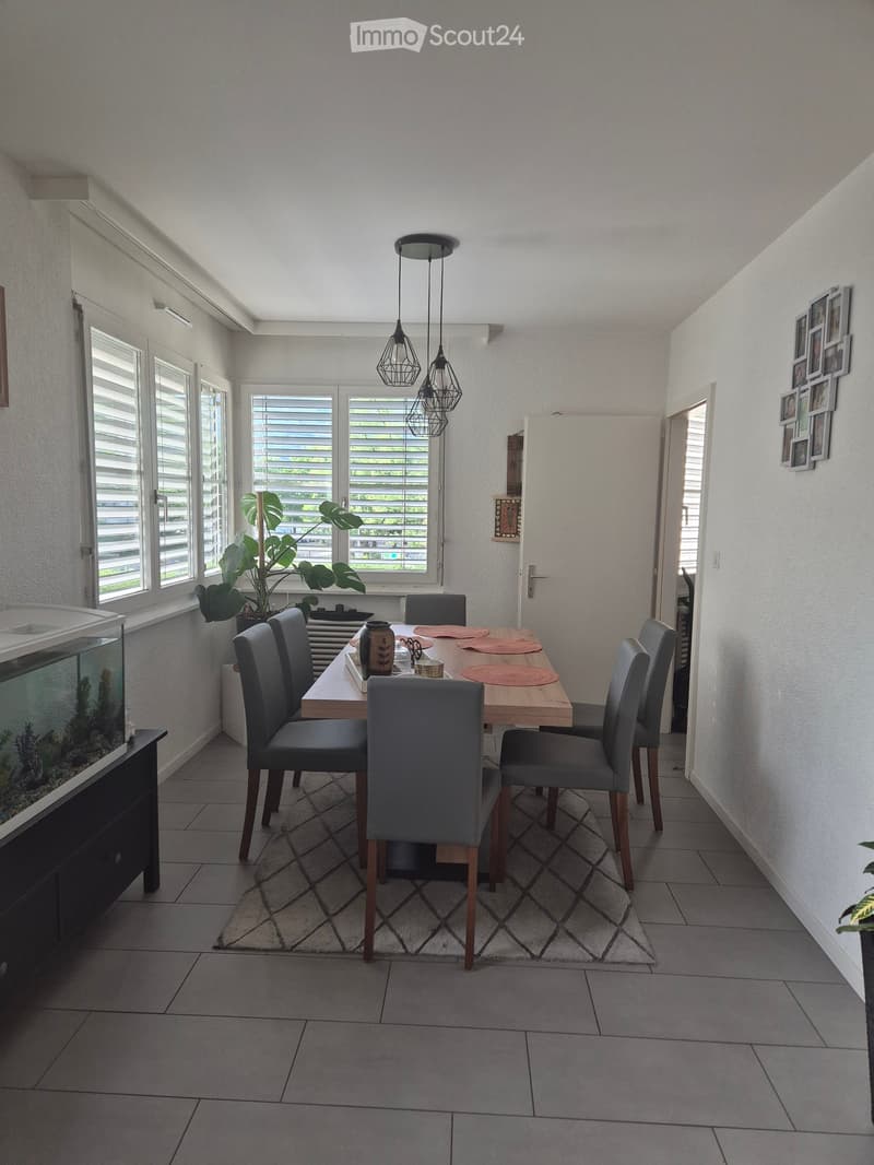 Modern dining room with a wooden dining table, six grey chairs, pendant lights, a fish tank, and a large leafy plant near the window.
