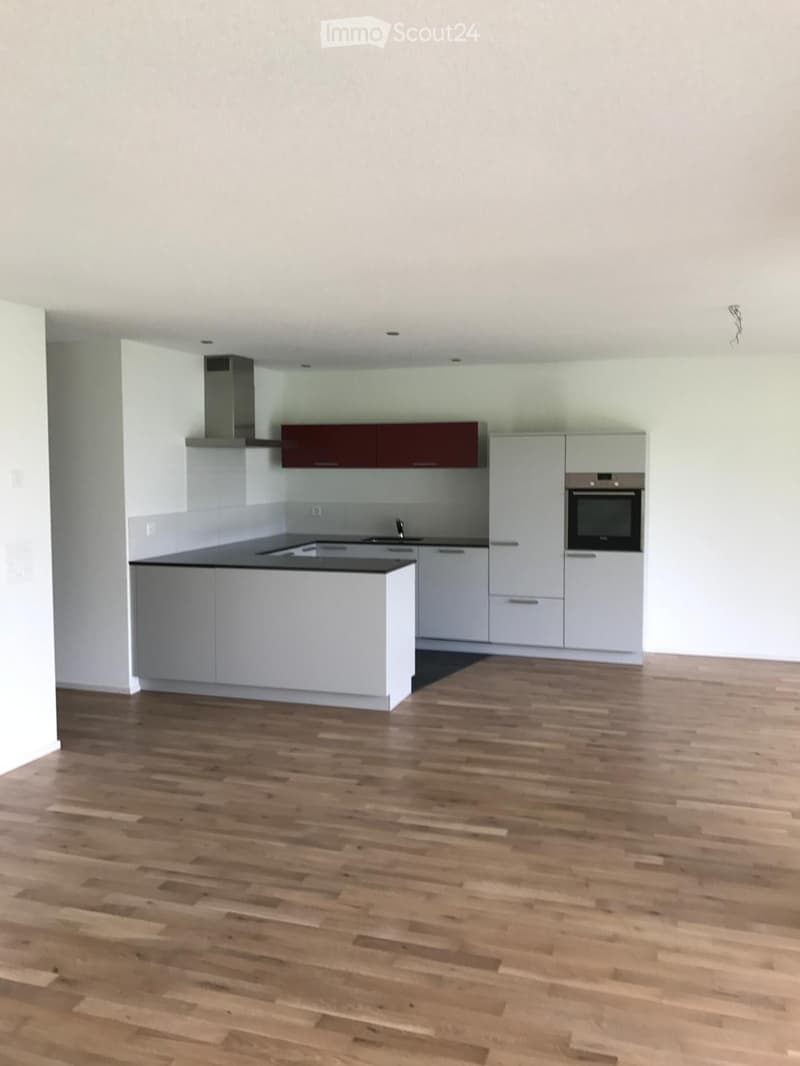 Unfurnished Room. Empty kitchen with white cabinets, dark countertops, and wooden flooring. No appliances or furniture are present.