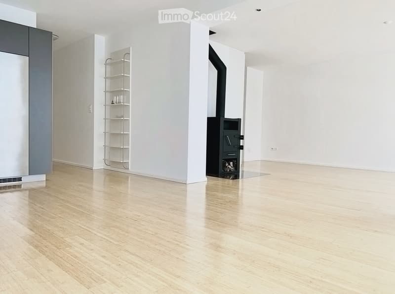 Empty room with light wooden flooring, white walls, and a fireplace in the corner. A metal shelving unit is visible against one wall.