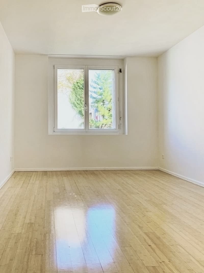 Empty room with light wooden flooring, white walls, and a large window with double doors leading outside.