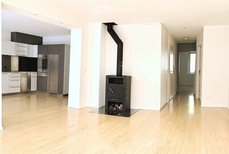 Open hallway with light wooden flooring, white walls, and a modern kitchen area visible to the left, featuring stainless steel appliances and white cabinets. A wood-burning stove is placed in the center of the hallway.