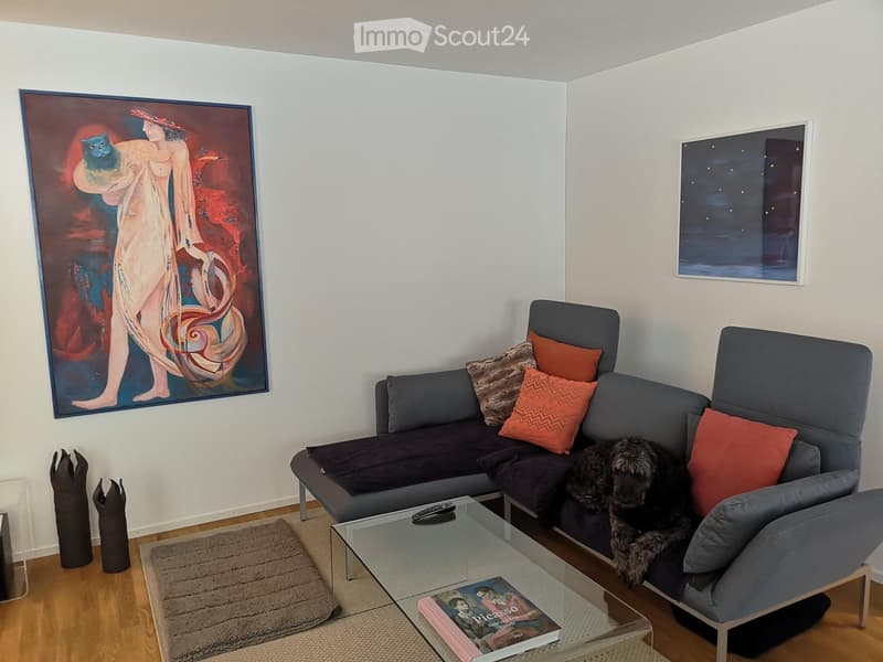 Modern living room with a grey sectional sofa, colorful throw pillows, a glass coffee table, a book, and two decorative sculptures. A large abstract painting and a smaller framed artwork adorn the walls.
