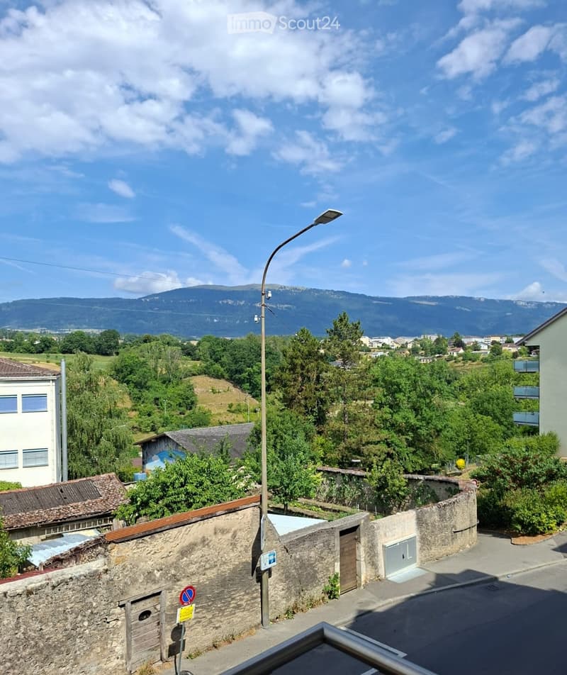 Balcony overlooking a residential area with stone walls, trees, and distant mountains under a partly cloudy sky.