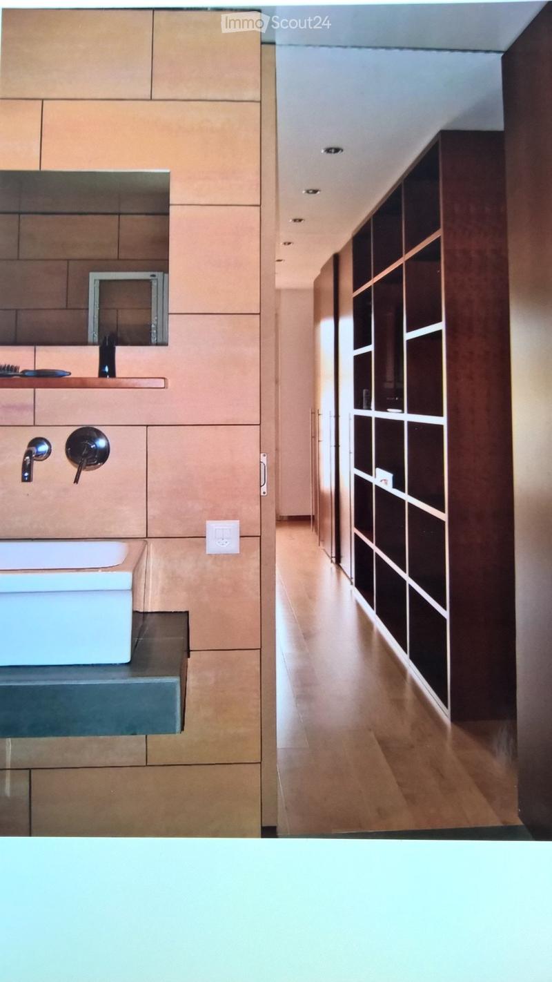 Modern hallway with wooden flooring, built-in shelving unit on one side, and a small sink area with cabinets and a faucet on the other side.