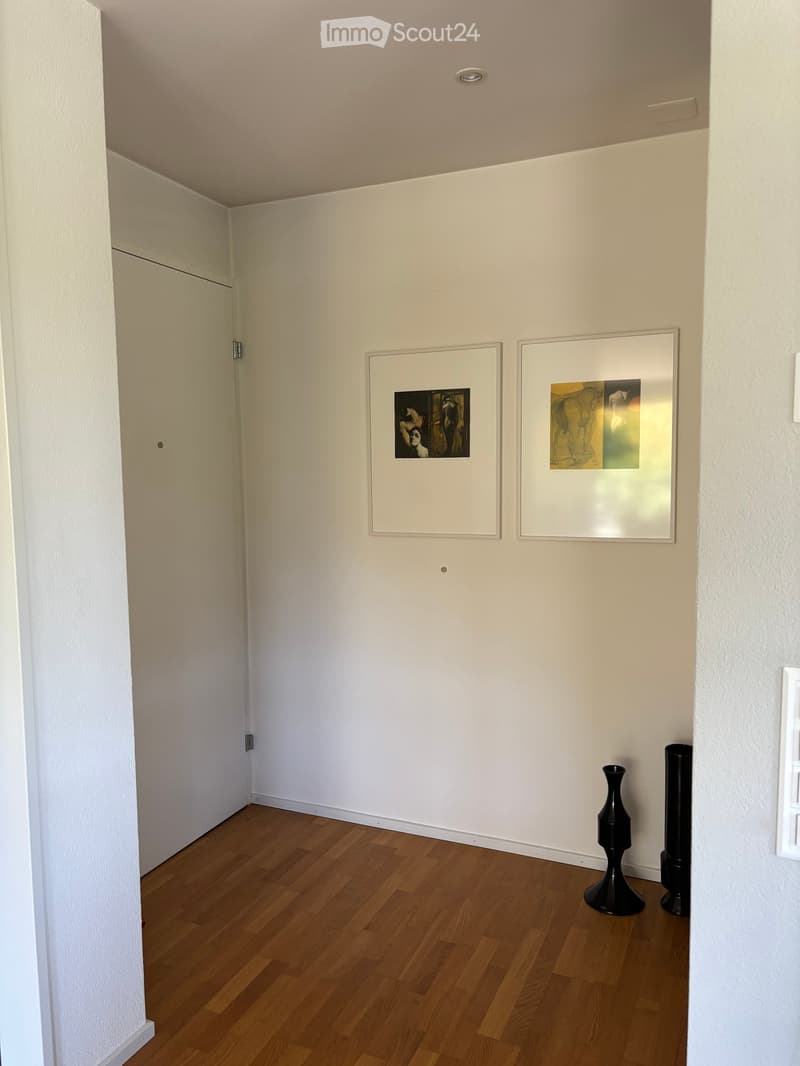 Empty hallway with wooden flooring, white walls, two picture frames, and two vases.