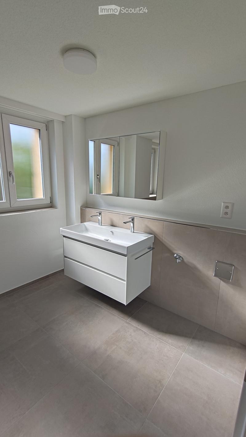 Modern bathroom with a white sink, two faucets, a large mirror, and a built-in cabinet. The room features light grey tiles on the floor and walls, with a window providing natural light.