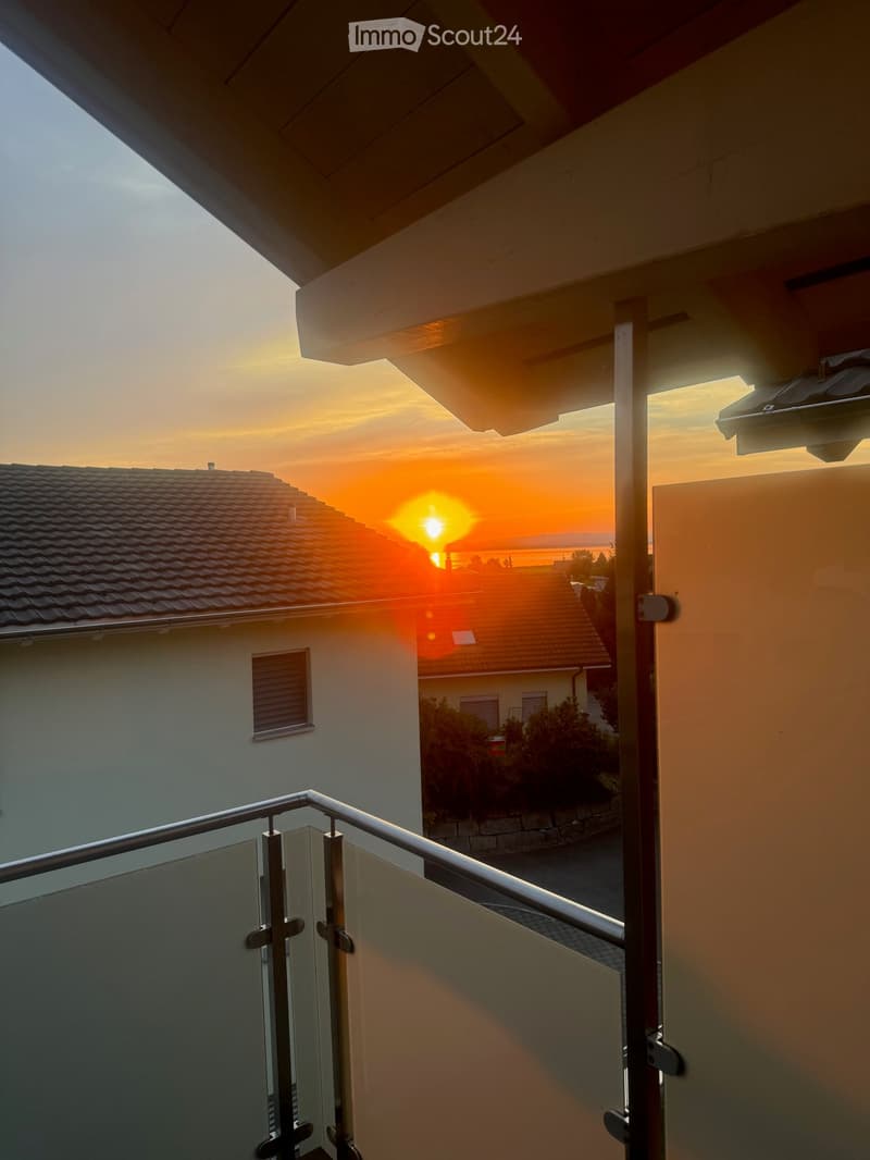 Balcony with metal railing, overlooking a residential area at sunset, with visible rooftops and distant horizon.