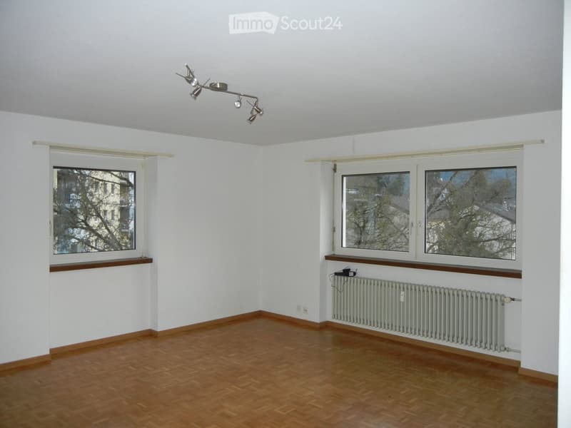 Empty room with wooden flooring, white walls, large windows, radiator, and track lighting fixture.