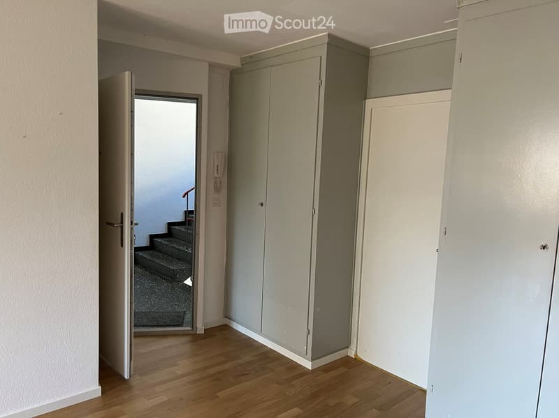 Empty hallway with wooden flooring, light-colored walls, and built-in storage units. An open door leads to a staircase area with a gray carpeted step visible.