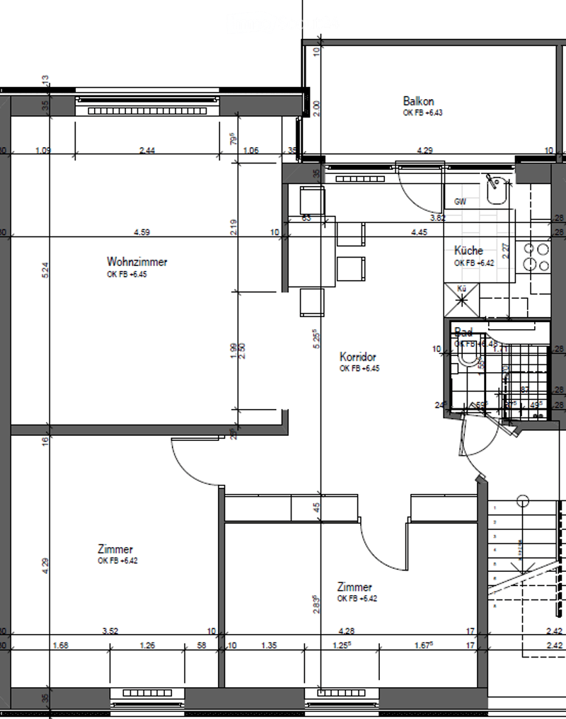 Floor plan of a residential unit featuring a living room, kitchen, two bedrooms, bathroom, hallway, and balcony.