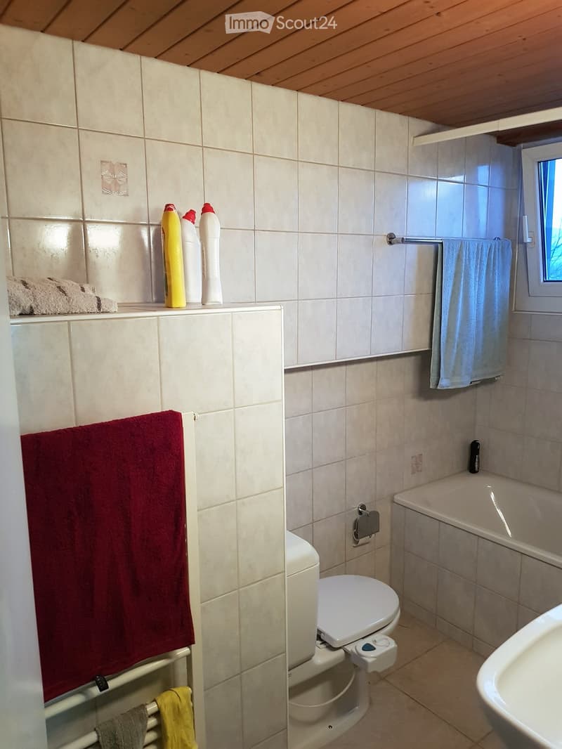 bathroom with toilet, bathtub, shower, shelves, radiator, tiles, towels, toilet paper, hand soap