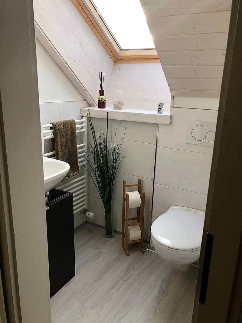 Small attic bathroom, white fixtures, wooden floor, white sink, toilet, wooden storage unit, skylight