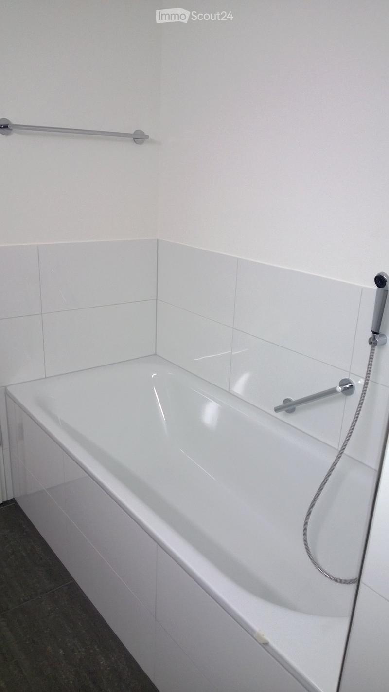 Modern white bathtub with built-in grab bars and a handheld shower hose.