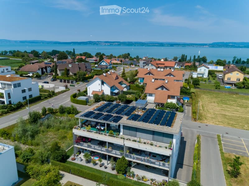 Aerial view of a residential neighborhood with multiple houses, solar panels on rooftops, and a scenic lake in the background.