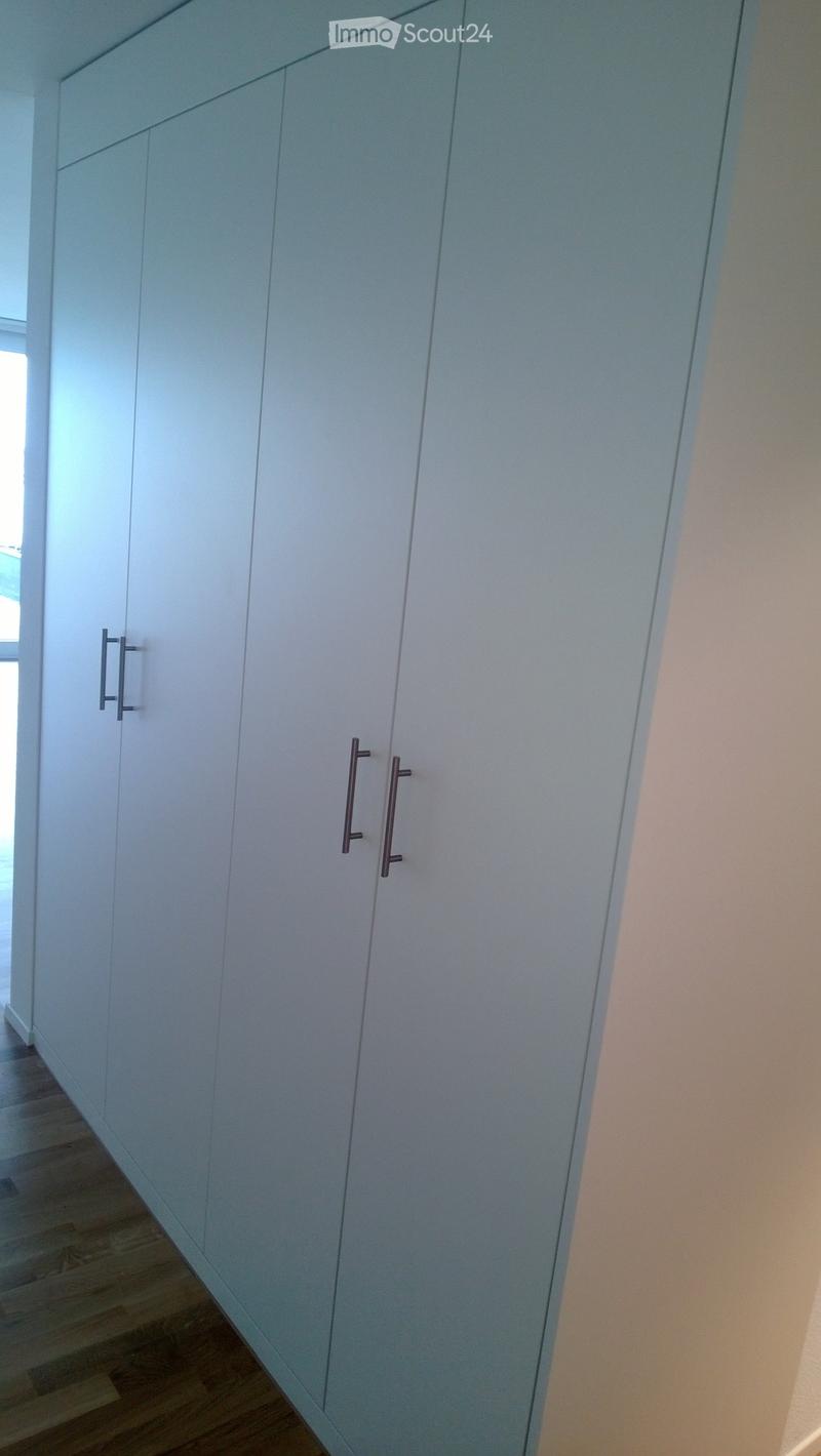 Empty room with light blue built-in wardrobes and wooden flooring.