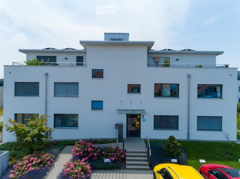 Modern two-story house with white exterior, multiple windows, and a small balcony on the roof. The entrance features a small staircase leading to a door, with a well-maintained garden and two parked cars in front.