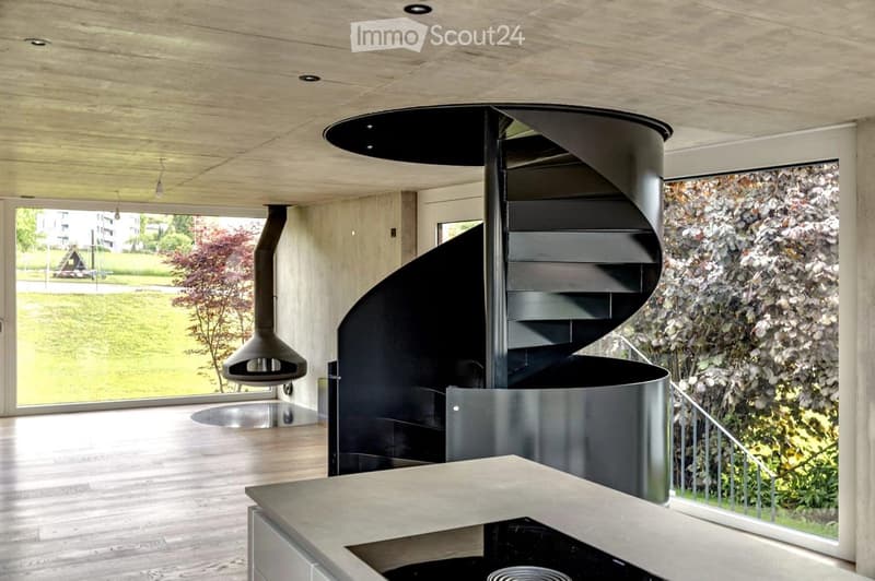 Modern hallway with a sleek black spiral staircase, wooden ceiling, and large windows overlooking a green landscape.