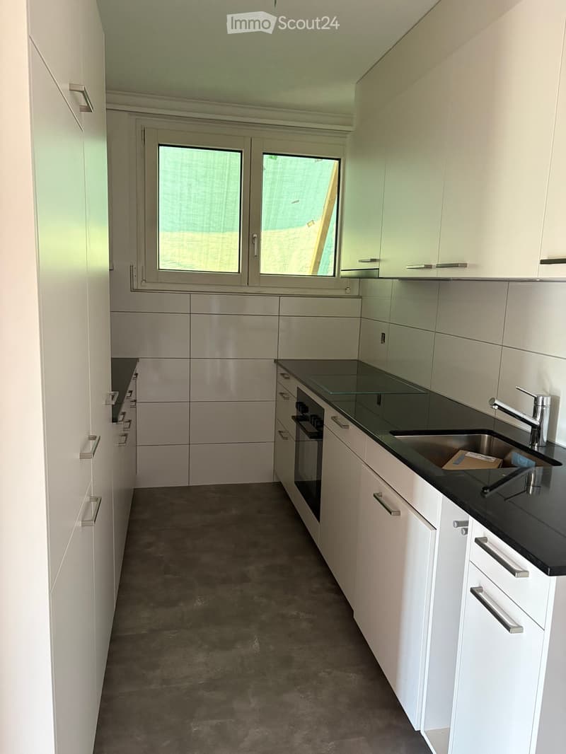 Modern kitchen with white cabinets, black countertops, and a stainless steel sink. Features an oven and ample storage space.