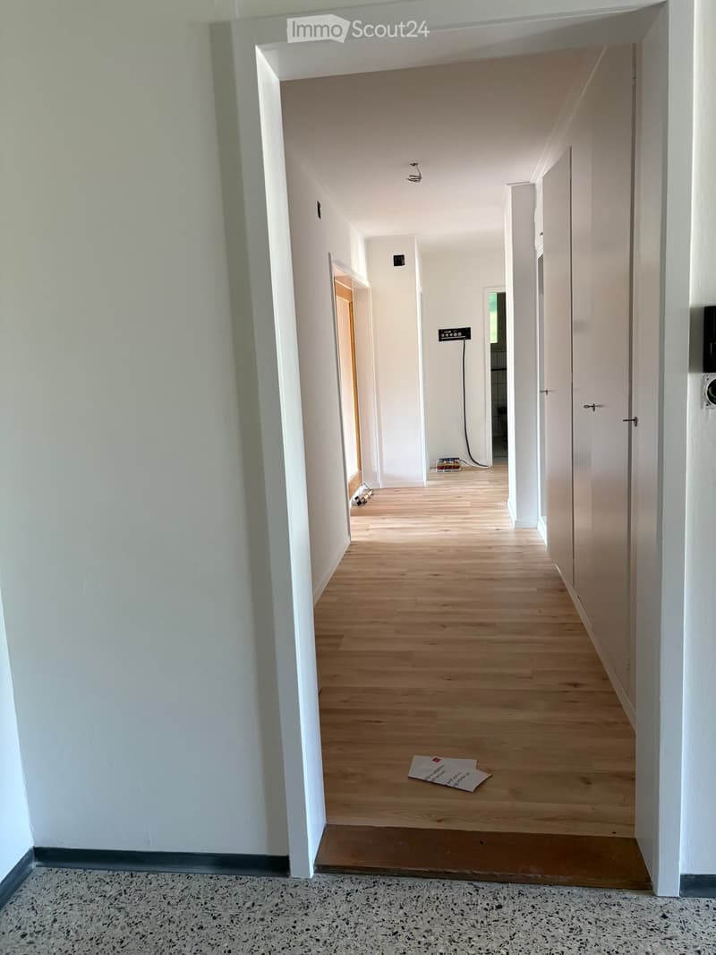 Empty hallway with light wooden flooring, white walls, and several doors leading to other rooms.