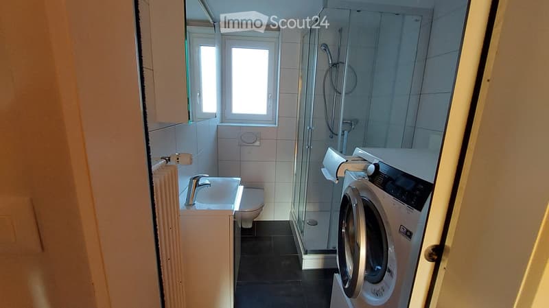 Modern bathroom with white tiles, a glass-enclosed shower, a sink, a toilet, and a washing machine in the corner.