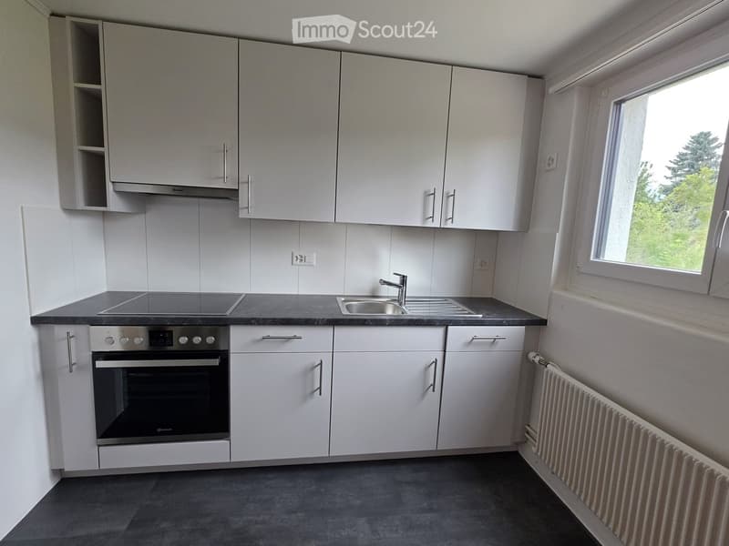 Modern kitchen with white cabinets, stainless steel oven, sink, and faucet, featuring a large window with a view of greenery.