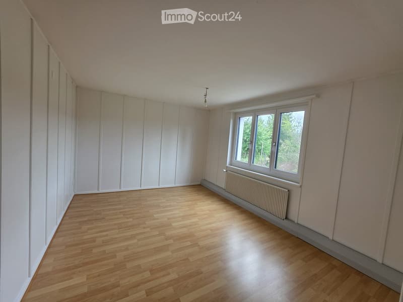Empty room with wooden flooring, white walls, large window, radiator, and a single light fixture on the ceiling.