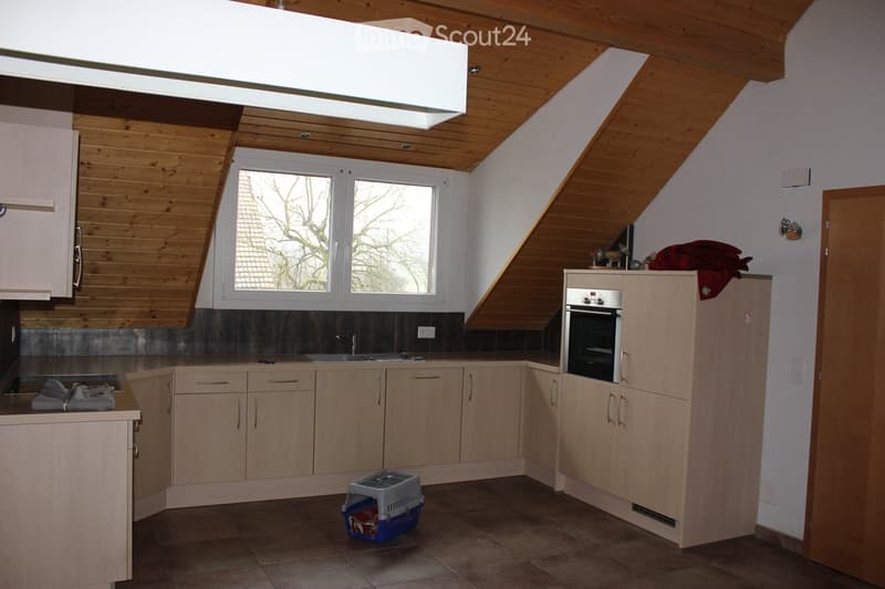 Bright kitchen with wooden cabinets, a sink, an oven, and a pet carrier on the floor. The ceiling has exposed wooden beams and a skylight, and there is a window with a view of trees.