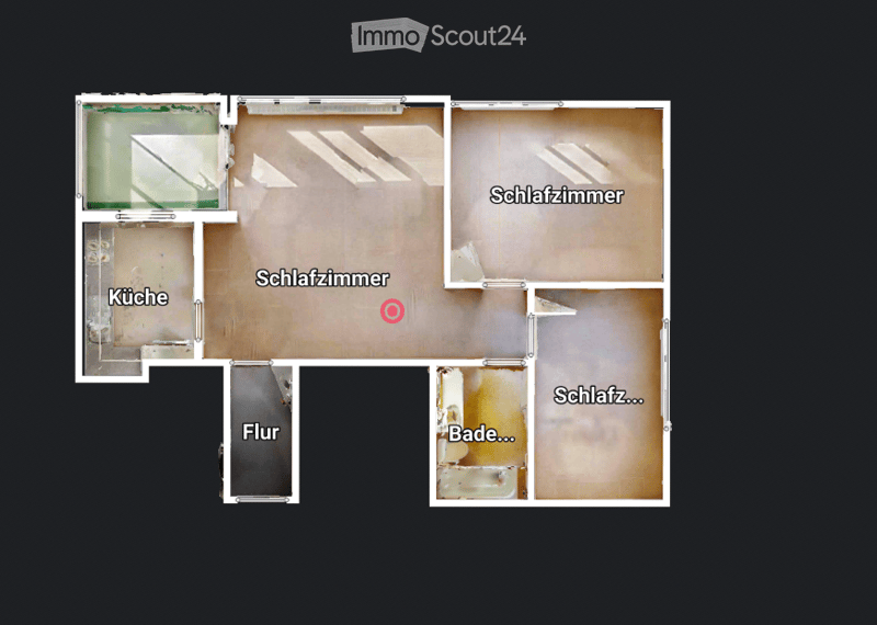 Floor plan showing a kitchen, three bedrooms, a bathroom, and a hallway.
