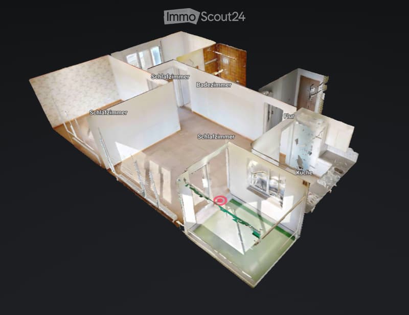 3D floor plan showing a house layout with three bedrooms, a bathroom, a kitchen, and a living area.