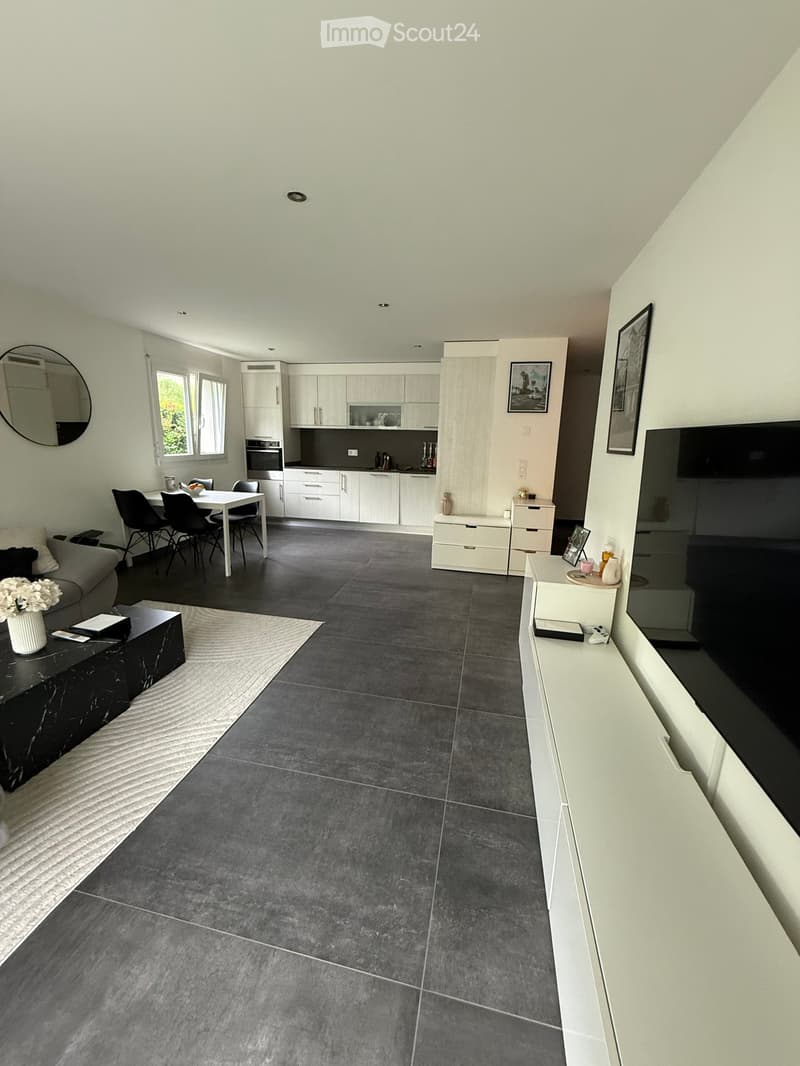 Open-plan living and dining area with grey sofa, coffee table, dining table with chairs, modern kitchen with white cabinets, and a television on a stand.