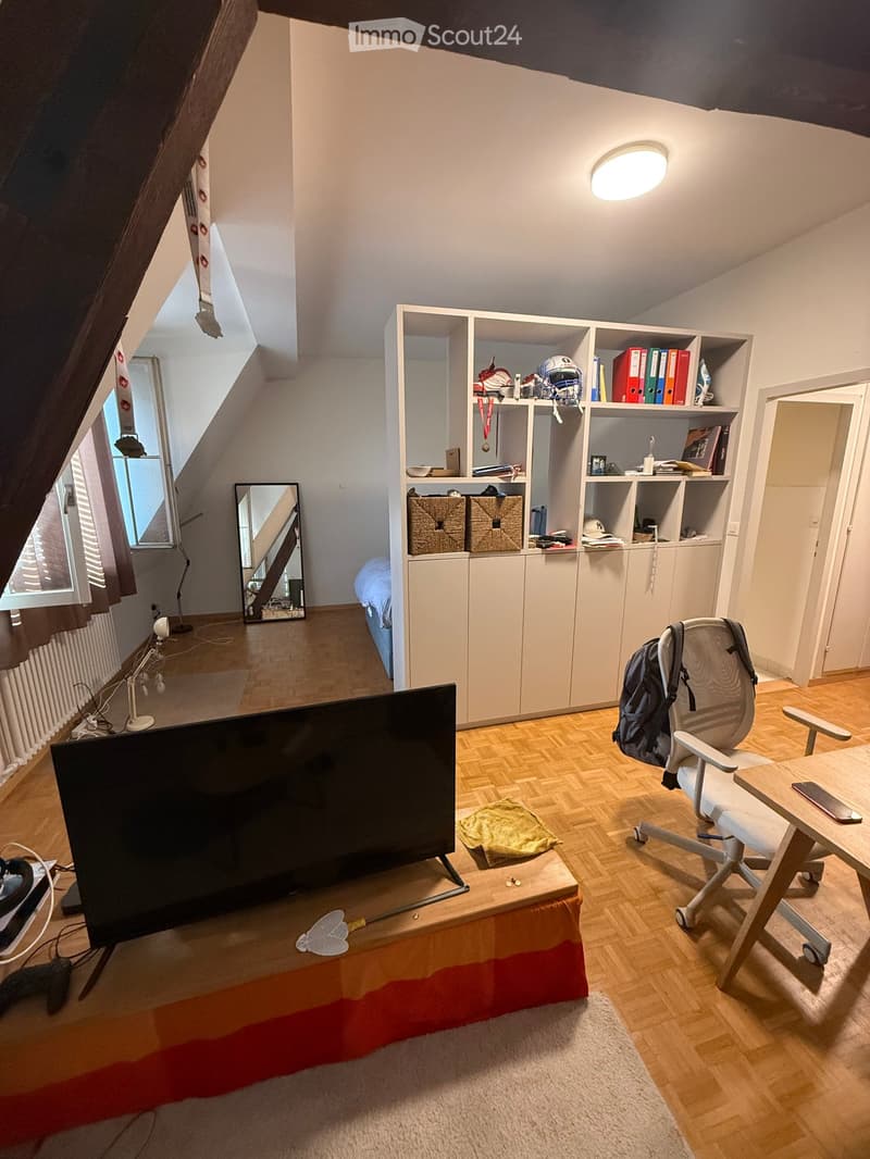 A furnished room with a wooden floor, a large screen on a stand, a chair, a table, a backpack, shelves with various items, a mirror, and a bed in the background.