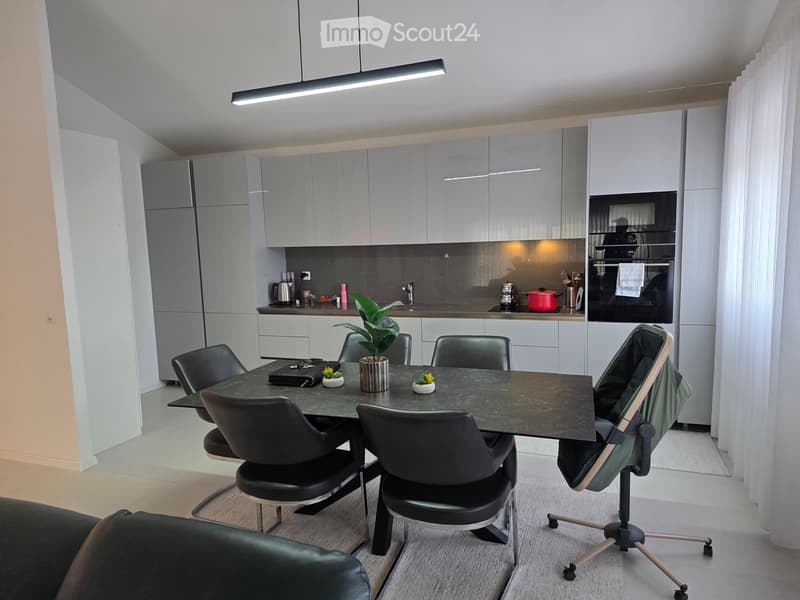 Modern kitchen and dining area with white cabinets, stainless steel appliances, a black dining table with six black chairs, and a potted plant on the table.