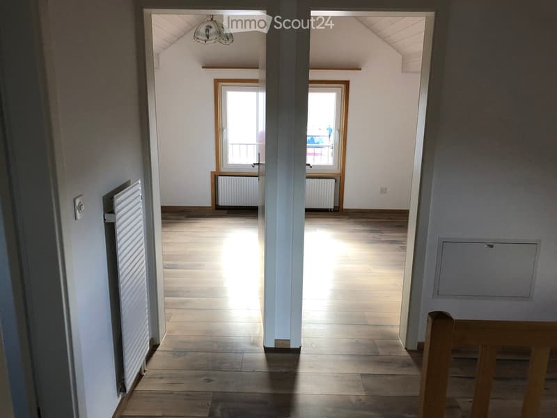 Entryway with wooden floor, white walls, and ceiling, central white column, radiator, small window with a balcony, sunlight
