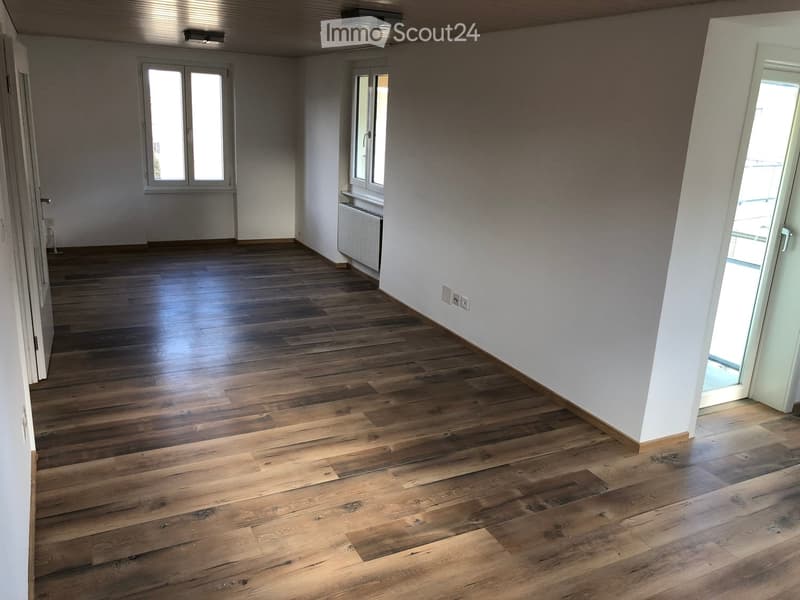 empty room with white walls, wooden floors, two windows, radiator